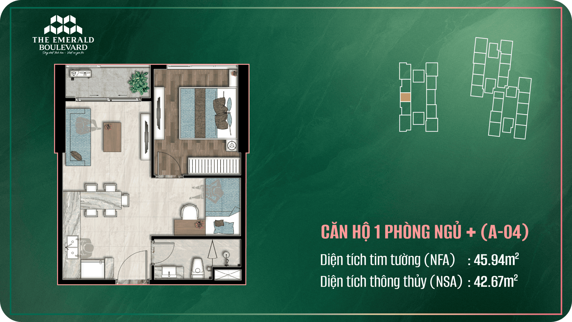 HS Holding, 1PN+ The Emerald Boulevard, các loại hình căn hộ The Emerald Boulevard