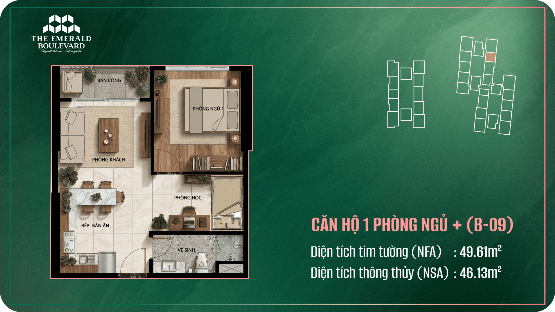 HS Holding, 1PN+ The Emerald Boulevard, các loại hình căn hộ The Emerald Boulevard