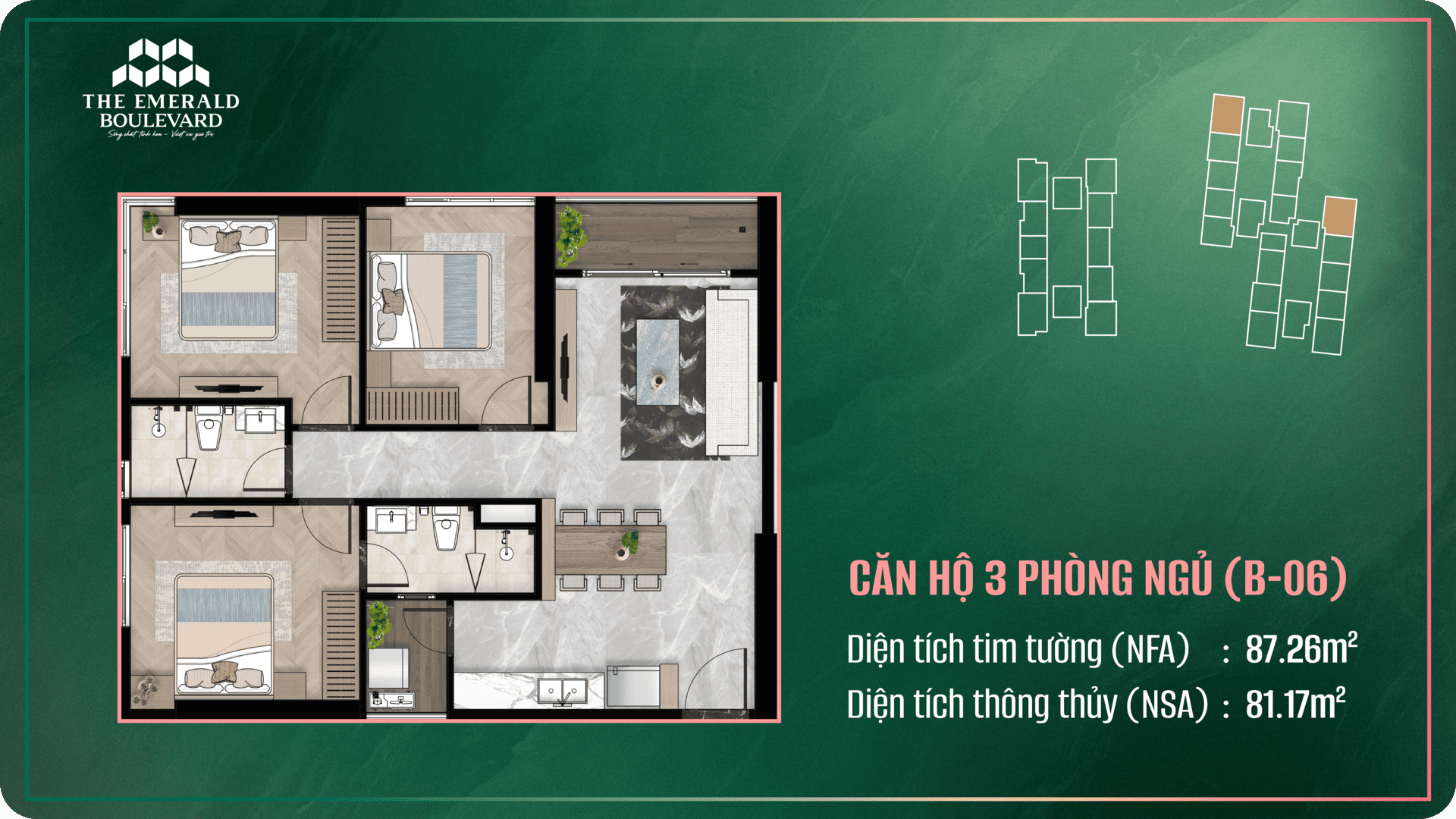 Layout căn hộ 3PN, The Emerald Boulevard